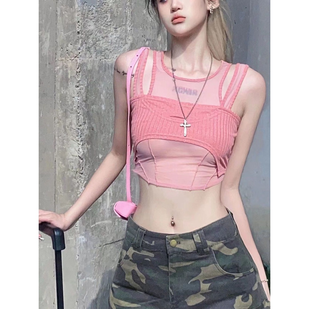 Suhao pink tulle rompi suspender dua potong wanita musim panas baru keinginan murni street hot girl gaya slim crop top