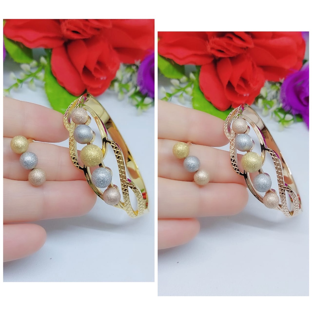 Set perhiasan wanita gelang dan cincin kombinasi biji bola