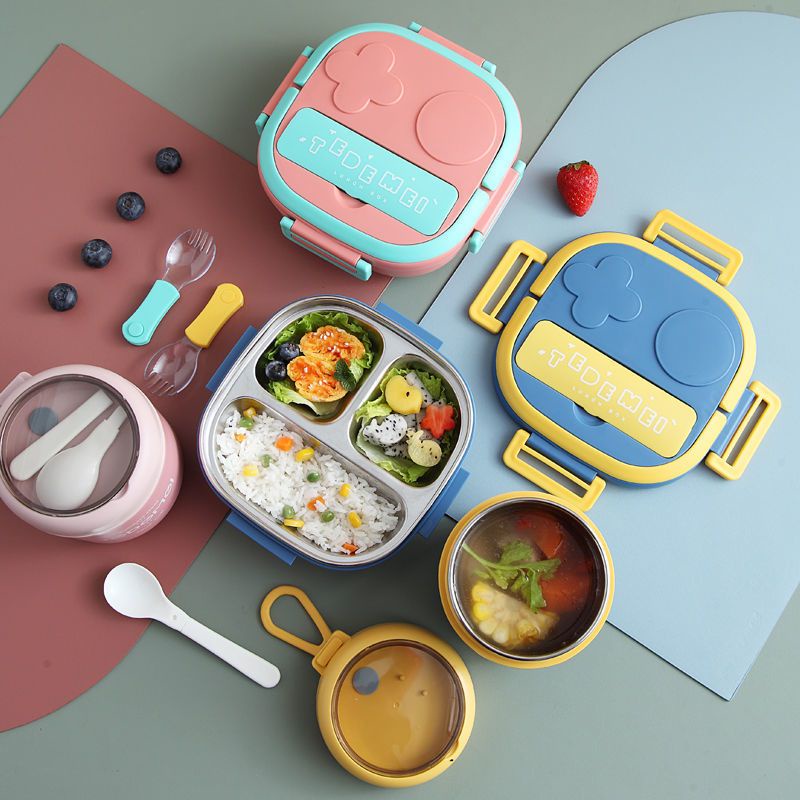 Kotak Makan Anak Stainless 304 Bekal Makan Set Lunch Fit Kotak Makan Lunch Box Set Wadah Bekal Anak Stainless 3 Sekat Kids Lunch Box Set Premium Rantang Makan Luchbox Bento