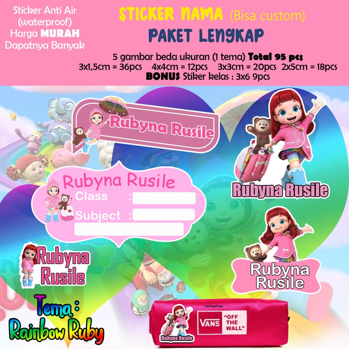 

Sticker Nama Lucu/Custom/Kartun/Cartoon/Waterproof - RAINBOW RUBY 95pc