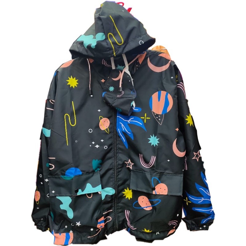 JAKET PARASUT PRINTING WANITA ANTI AIR WATERPROOF free masker OLAHRAGA SEPEDA-Black planet art