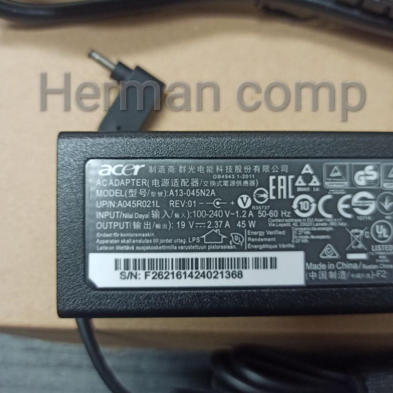 Original Adaptor Charger/Acer 19V 2.37A DC 3.0*1.1mm