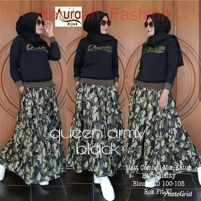 Baju Muslim Gamis Queen Set Army Dress Panjang Hijab Casual Pakaian Wa - Hitam- L