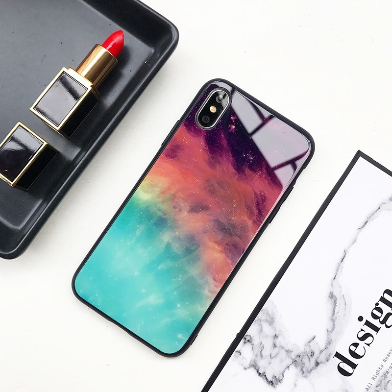 Warna Aurora langit berbintang kaca tempered Hard Case iPhone 11 Pro Max XR XS SE2 6 7 8Plus Case