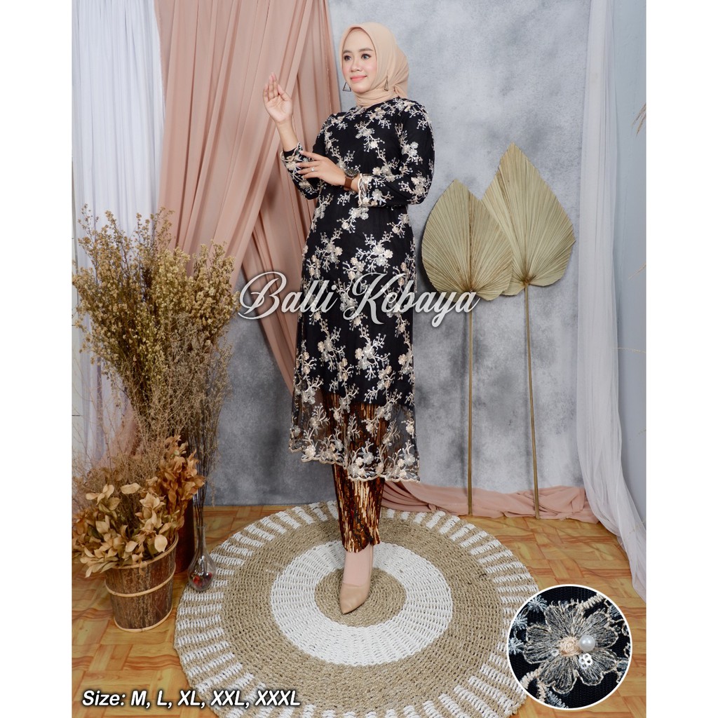 SET LONG TUNIK TULLE BORDIR MUTIARA / SET LONG TUNIK HITAM