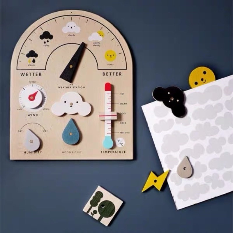 moon picnic wooden weather station board papan pengenalan cuaca