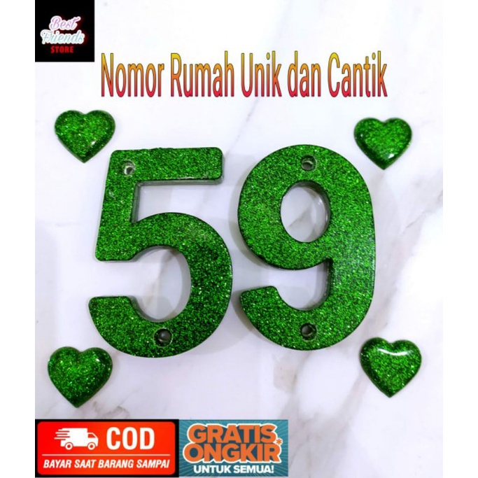 Nomor Rumah dan Huruf Timbul aestetic &  Unik .Angka & Huruf hiasan glitter Hijau