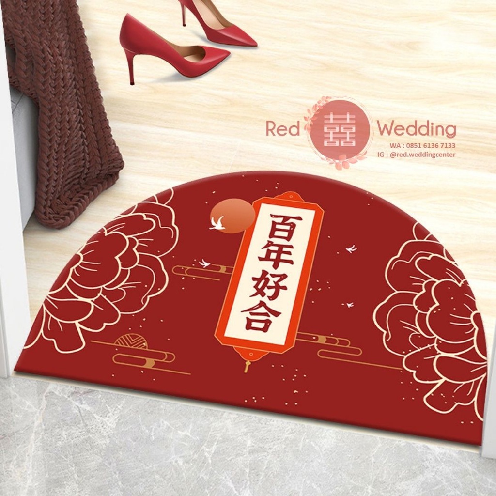 Karpet Lantai Half Rounded Unik Merah tema Wedding Shuang Xi  uk 40x60cm