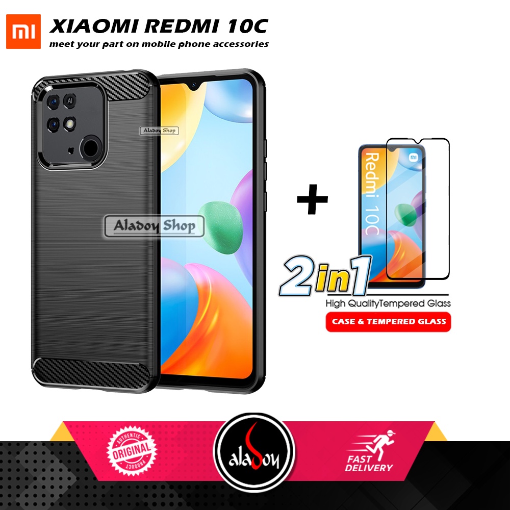 PAKET 2IN1 Case Xiaomi Redmi 10C 2022 Ipaky Carbon Casing + Tempered Glass Layar Full Cover