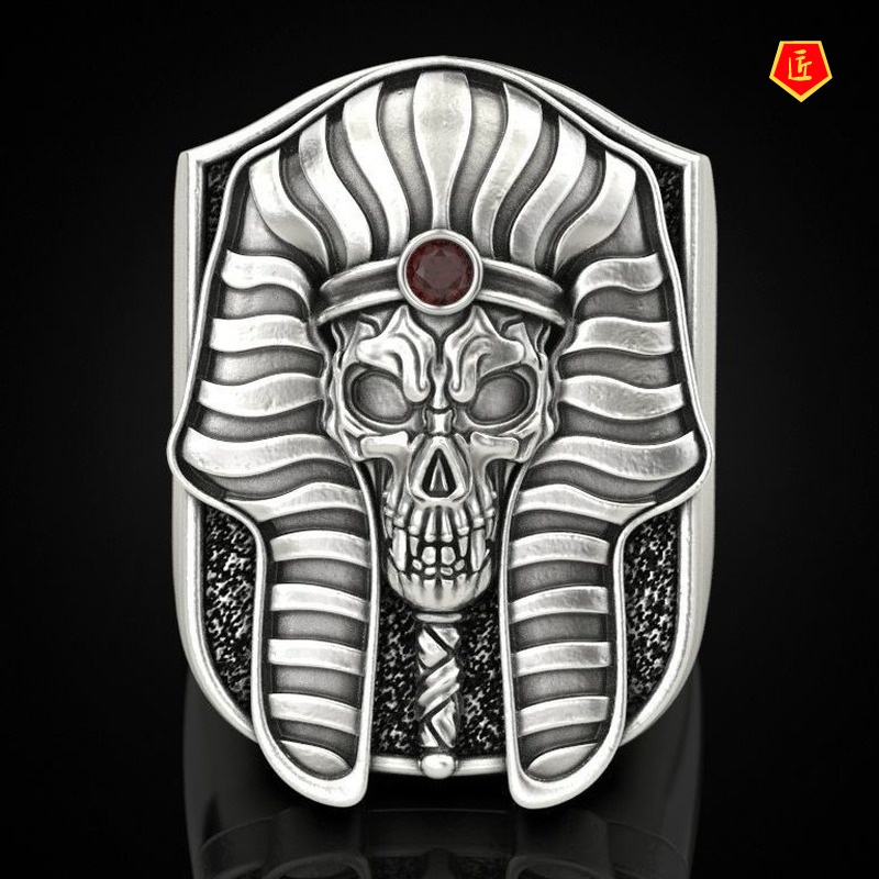 [Ready Stock]Egyptian Pharaoh Skull Gold Two-Tone Ring Exaggerated Punk