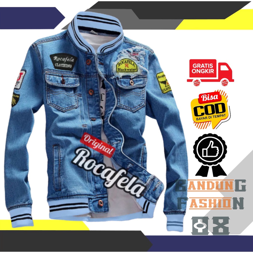 Promo Jaket Sobek Jeans Keren Pria Emblem Jeket Denim Bordir Cowok Jumbo Jacket Jins Cwo Sandwash Gr