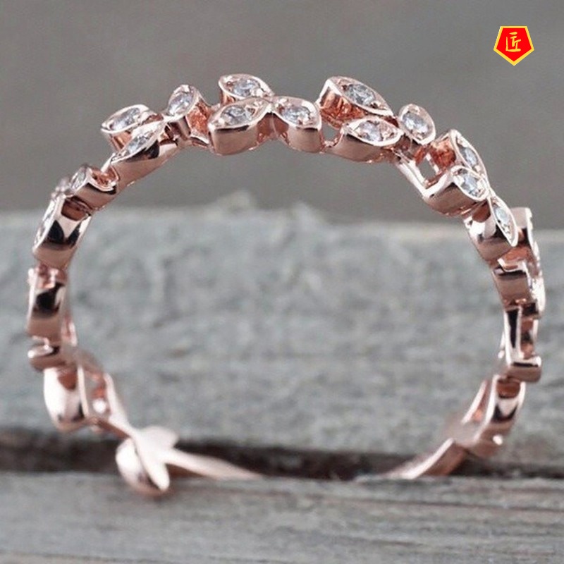 [Ready Stock]925 Silver Leaves Diamond-Studded Ring 18K Rose Gold