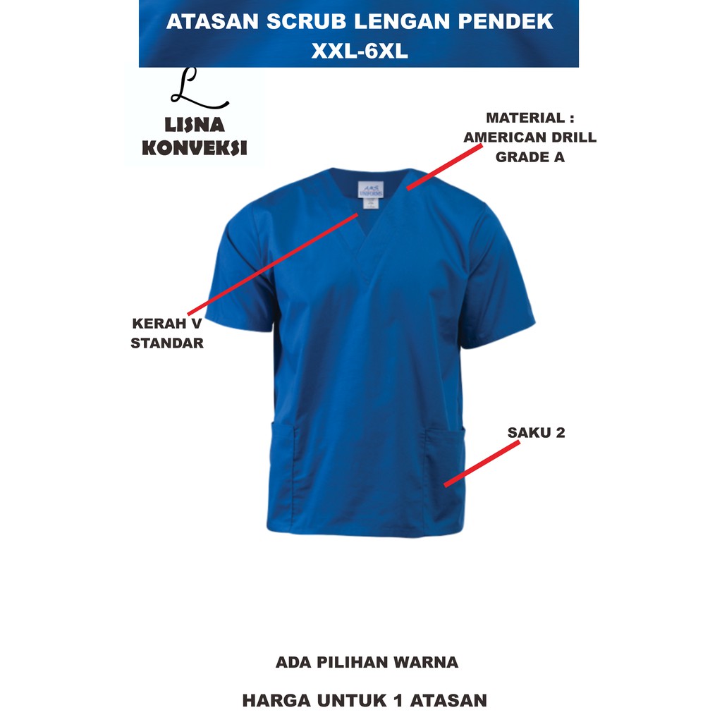 Atasan Scrub Baju Dokter OKA  Lengan Pendek American Drill XXL-6XL