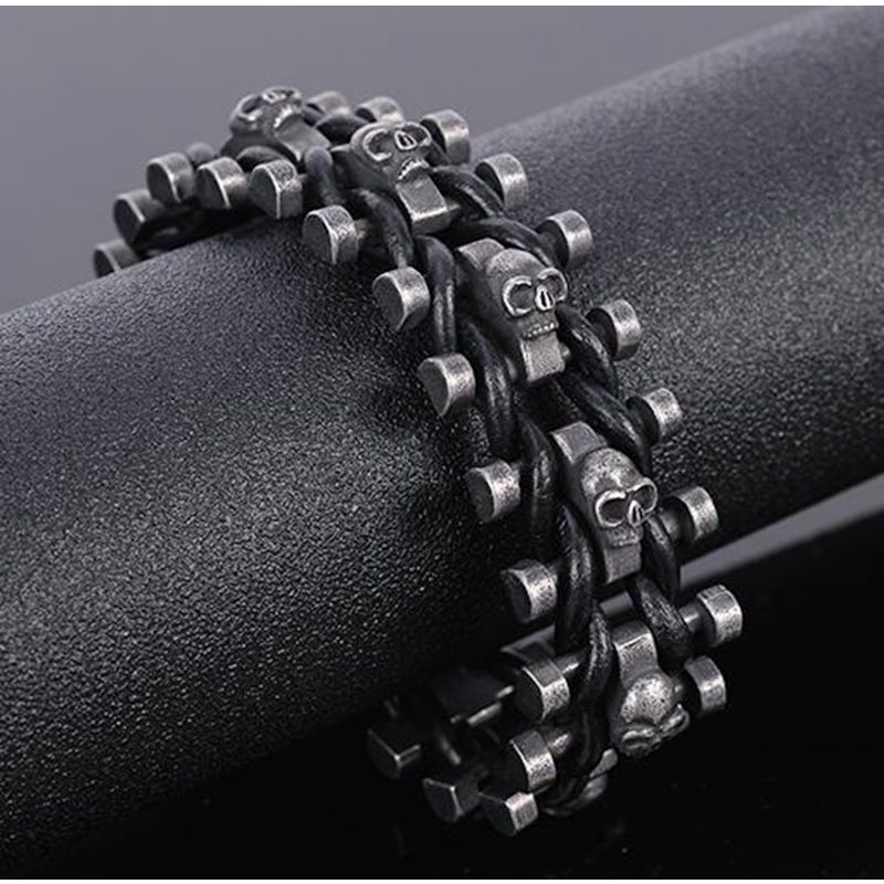 Gelang Rantai Bahan Kulit Stainless Steel Warna Hitam Gaya Punk Rock Hip Hop Untuk Pria