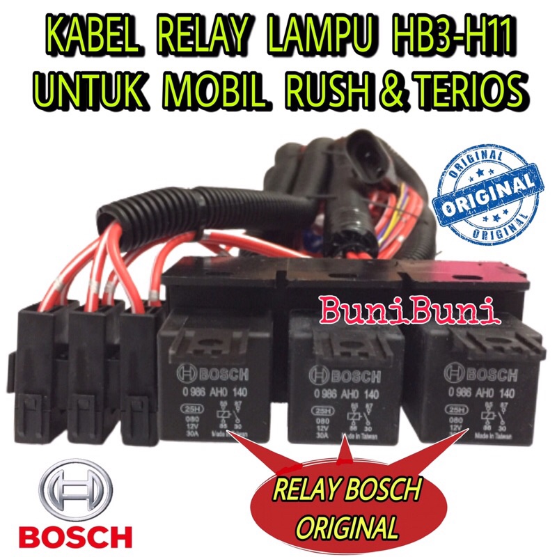 Kabel Relay BOSCH Komplit Untuk Lampu Mobil RUSH &amp; TERIOS - 3 Relay 4 Lampu - ORIGINAL