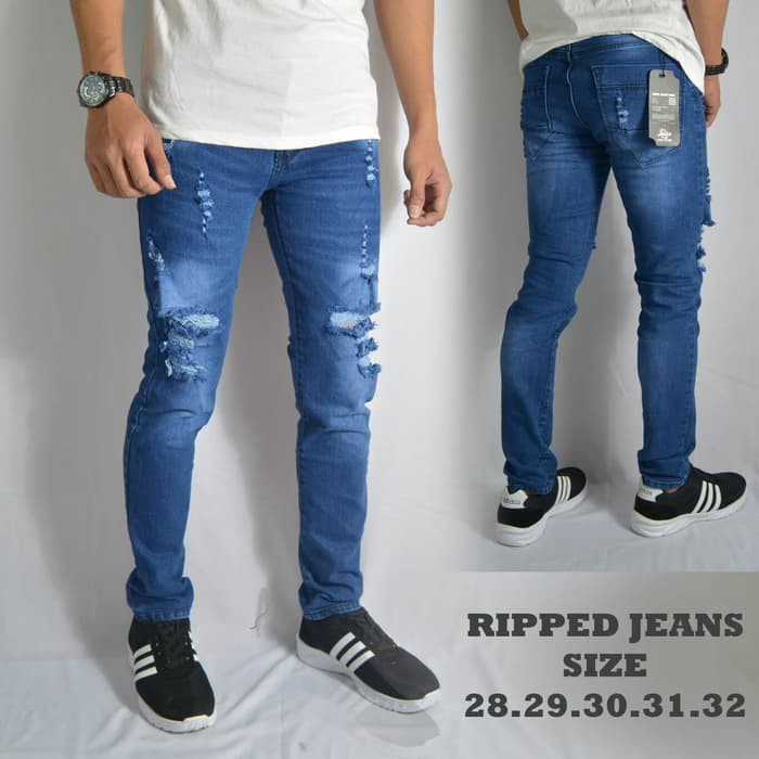 Celana jeans panjang sobek lutut / ripped jeans distro / skinny stretch pria size 27-38