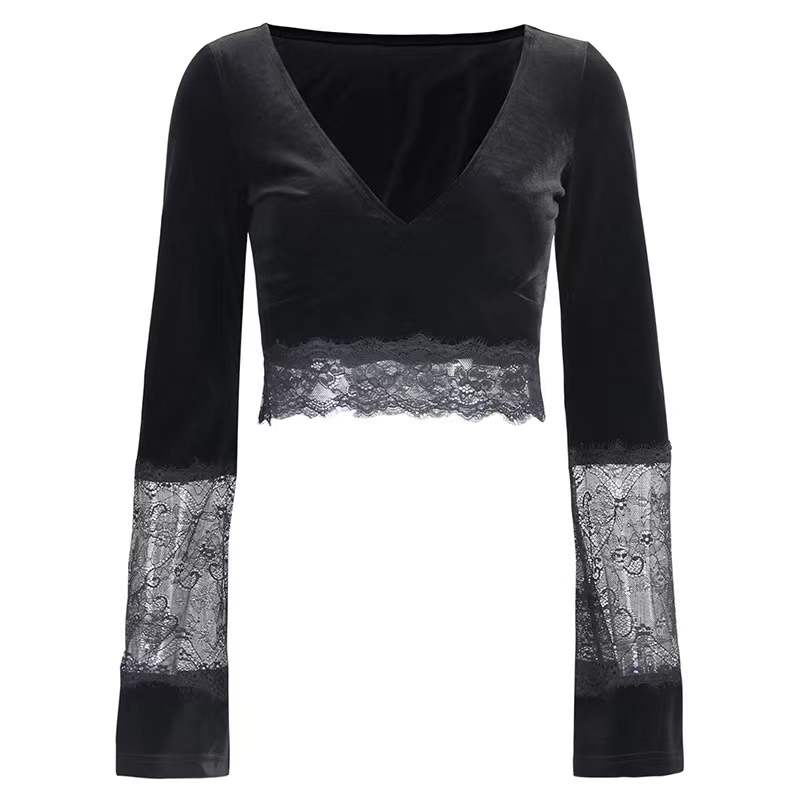 V-Neck Lace Trumpet Sleeve Crop Top 8470 (S/M/L)