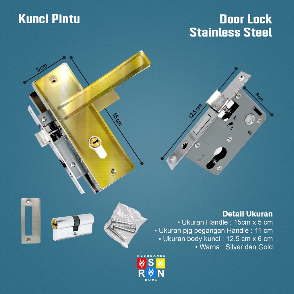 Kunci Pintu Rumah Kotak 15cm Silinder Premium Full Set l Gagang Handle Pintu Rumah I Pintu Kamar I Stainless Resonance Home