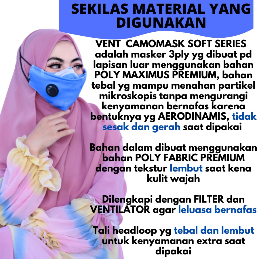 VENT SOFT SERIES  Masker Kain 3D 3 ply Lapis Respirator Hijab Korea Headloop Earloop Motif Keren