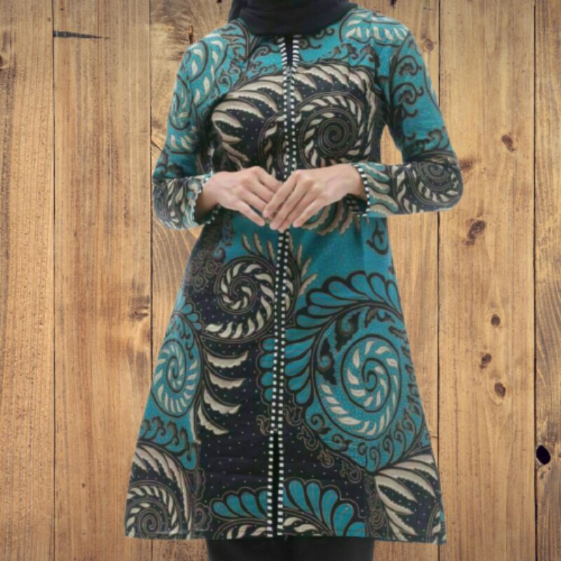 tunik Zipper pola warna hijau ori seragam kerja kantor baju batik fashion wanita modern Andin aL 08
