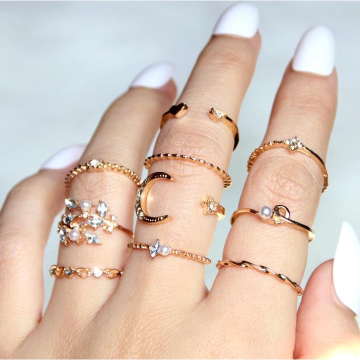 [ACKER] 10 Buah/Set Manis Kristal Daun Bulan Bunga Bintang Hati Pembukaan Fashion Emas Mutiara Imitasi Cincin Set untuk Wanita