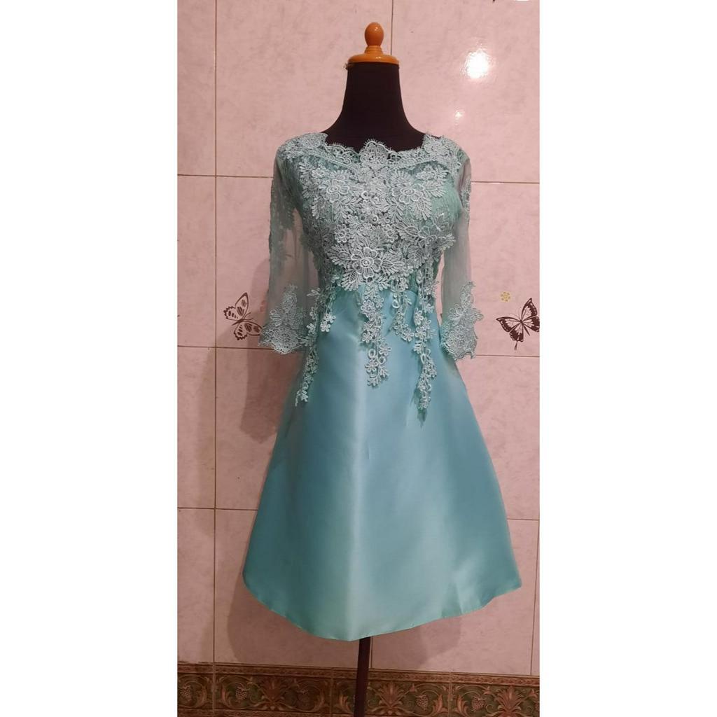 Midi dress hijau tosca brokat saten baju pesta kondangan fio05