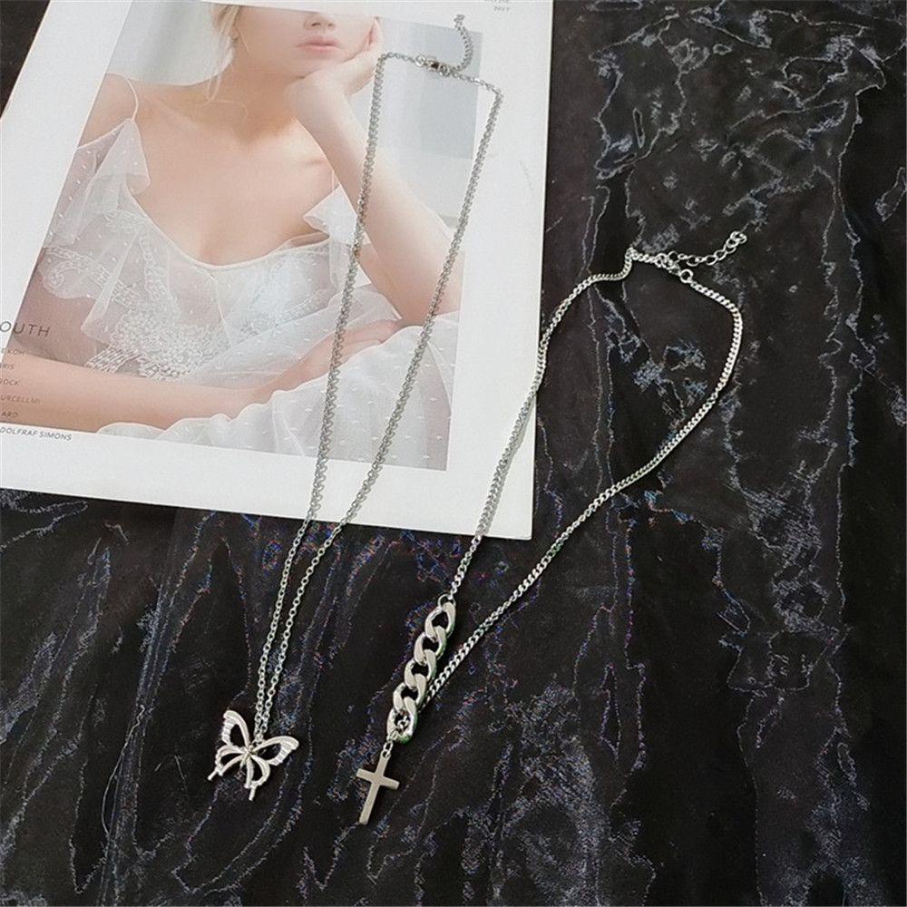 Lily 2Pcs Kalung Fashion Salib Hip-hop Sweater Rantai Lapisan Ganda