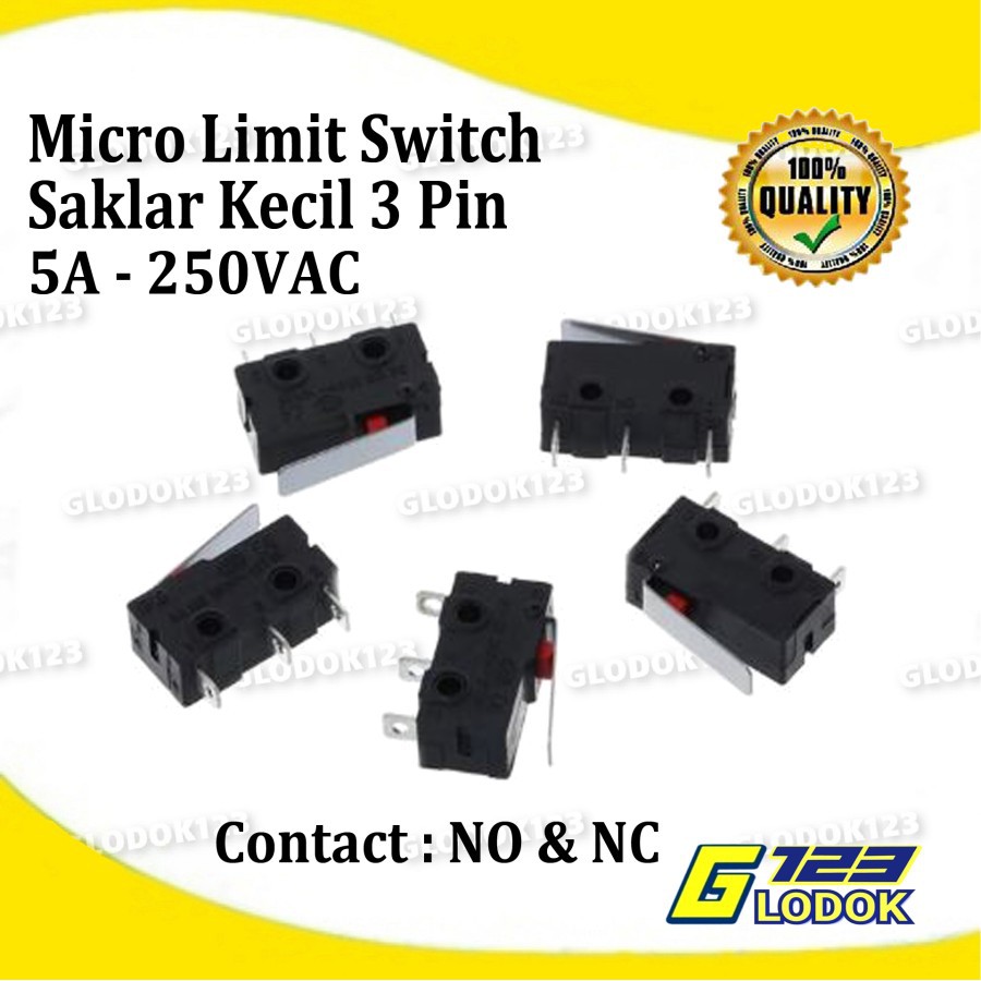 Micro Limit Switch Saklar Kecil Mini On Off NO NC 3 Pin Gagang 5A 250V