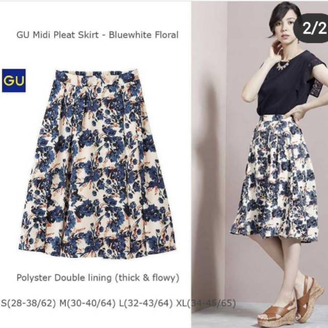 GU Midi Pleat Skirt - Whiteblue Floral