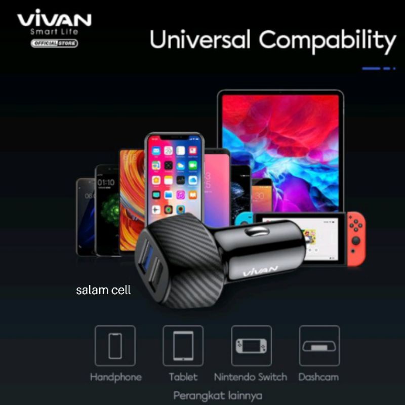 Charger Mobil Motor Car Charger VIVAN Casan Mobil 2 Ports USB-A 30W 3A QC3.0 Fast Charging Garansi 1 Tahun