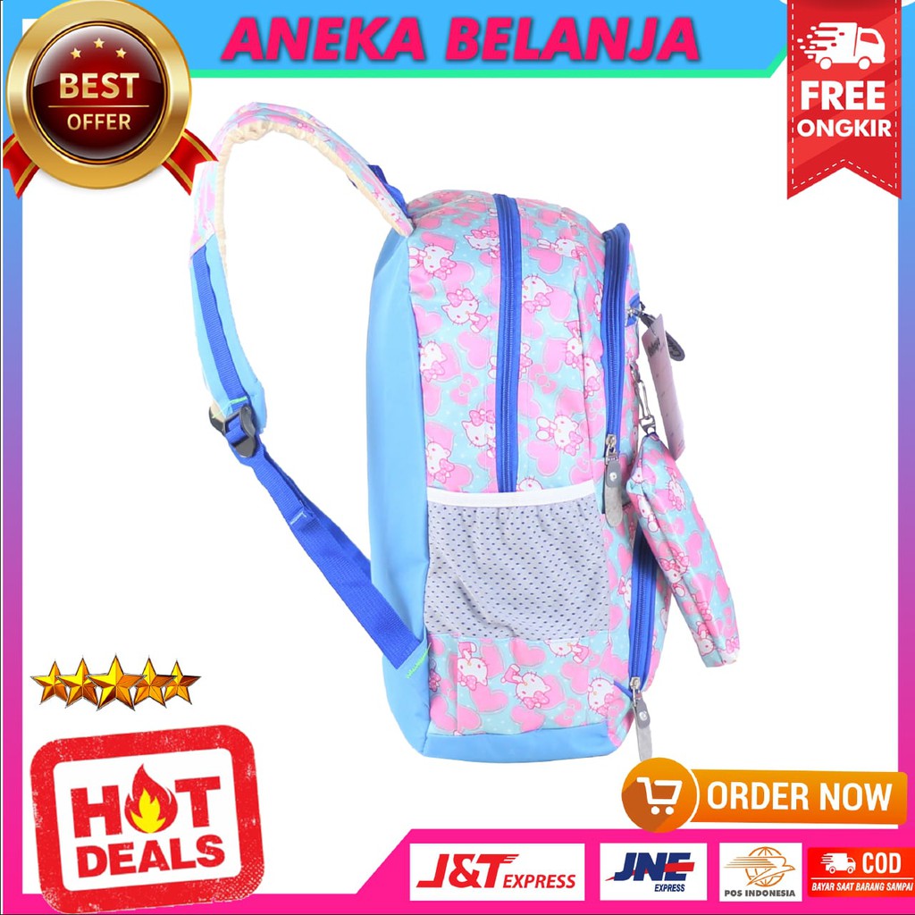 RANSEL SEKOLAH ANAK PEREMPUAN CAHAYA KITTY PINK BIRU TAS BERKUALITAS MULTIFUNGSI FREE RAINCOVER