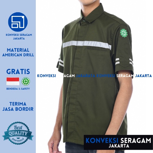 Baju Kemeja Safety K3 Lengan Pendek - Seragam Kerja Atasan Wearpack Werpack Werpak Proyek Tambang Warna Hijau Army Pria Wanita - Konveksi Seragam Jakarta