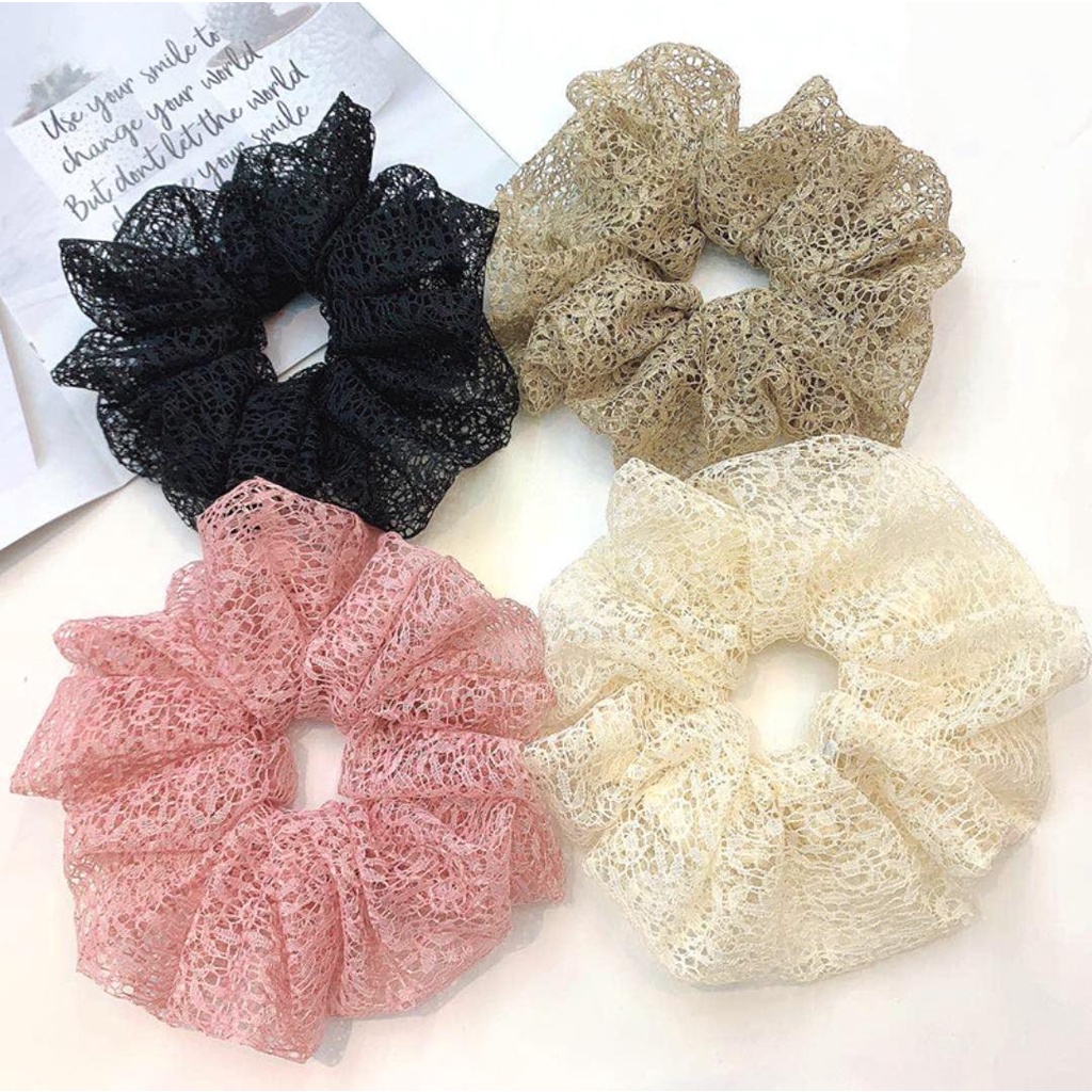 Scrunchie JUMBO Bahan Brokat Gliter 13cm - Ikat Rambut Brukat Besar Cepol Hijab Lace Scrunchies