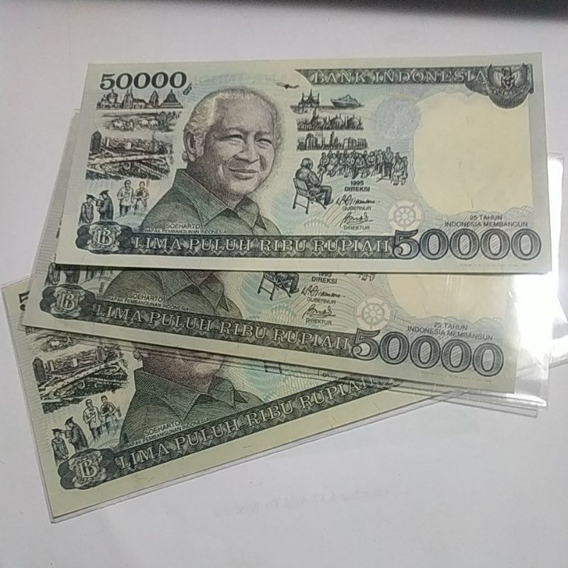 (GRESS) Uang kuno 50rb soeharto mesem tahun 1995 uang jadul rp 50000 rupiah soeharto kertas 50.000 bapak suharto 25 tahun indonesia membangun