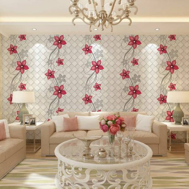 WALLPAPER DINDING MOTIF BUNGA MERAH KOTAK