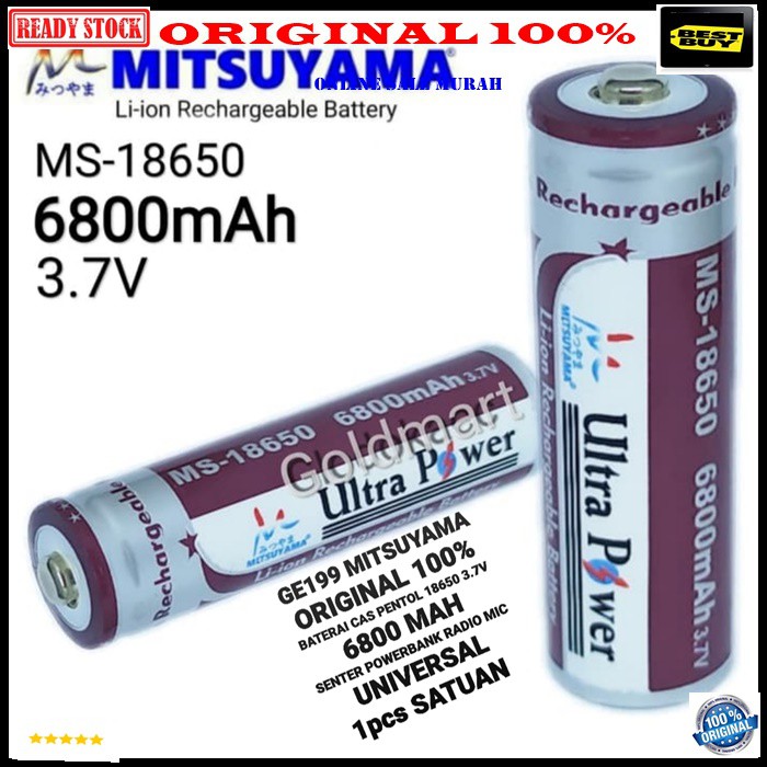 G199 Mitsuyama original 100% 3.7V volt Baterai 18650 PENTOL mah battery batere batery batu batere cas casan charger senter police ultra power vape vapor powerbank 6800 satuan universal multi speaker mik mic  Harga SATUAN BKN SEPASANG  Type Lithium Ion Bat