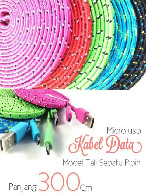 Kabel charger micro usb tali sepatu 3 meter kabel 3m