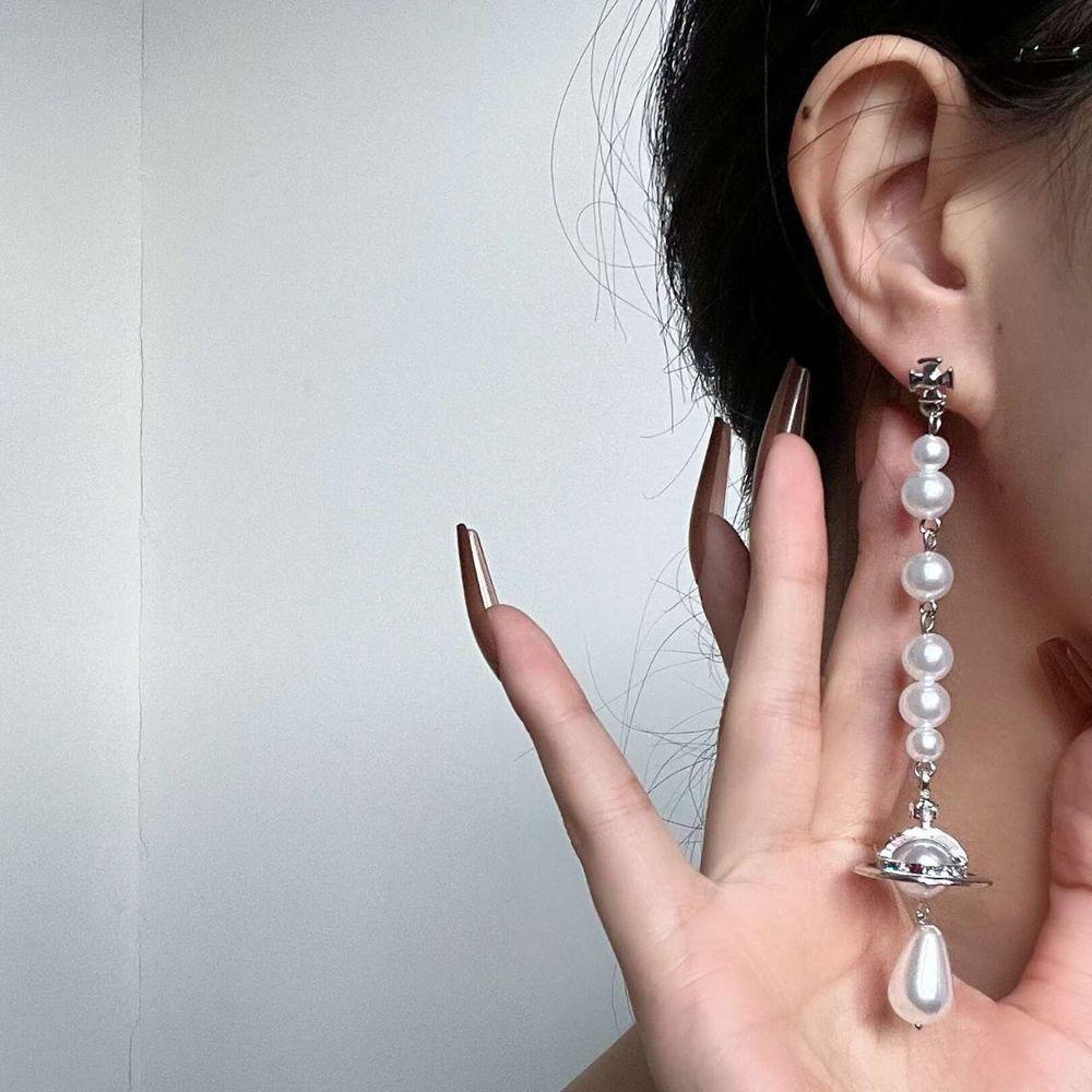 [Elegan] Saturnus Cross Drop Anting Geometris Retro Lady Mutiara Pesta Pernikahan Berlian Imitasi Alloy Gaya Korea Earrings