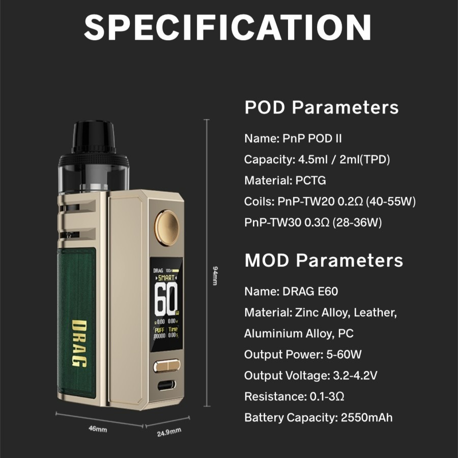 VOOPOO DRAG E60 POD MOD DEVICE KIT ORIGINAL DRAG E60 KIT 60W BY VOOPOO