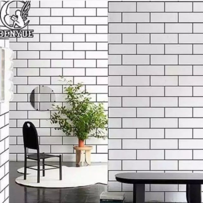 walpaper dinding bata putih list hitam