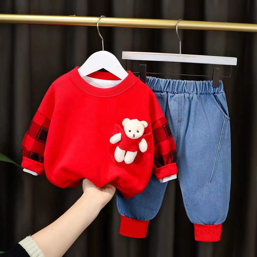 KF CAT Setelan Anak Laki Laki Import/ Setelan Sweater Lengan Panjang Pocket Bear + Jean Panjang Model Jogger Gaya kasual  Untuk Usia 1-4 Tahun