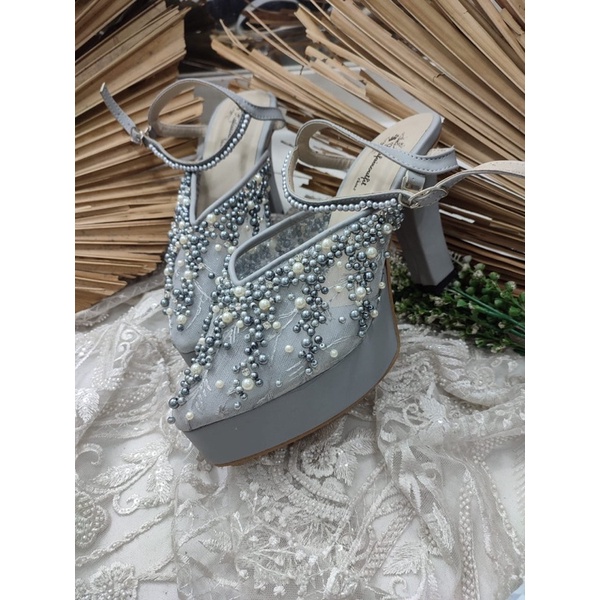 sepatu wedding wanita kiasya grey tali 10cm tahu