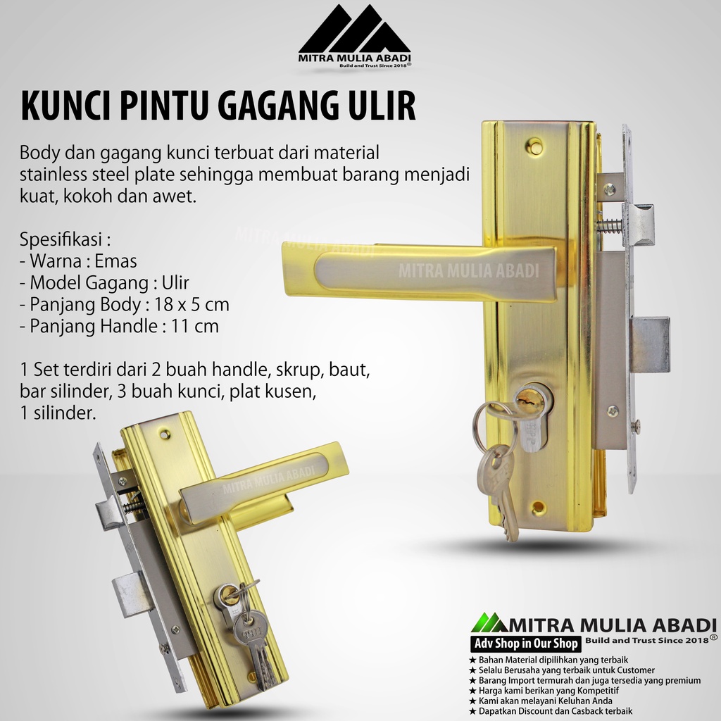 Kunci Pintu  Tanggung Plat Baja/ Gagang  Ulir GoldKunci Pintu Silinder  handle Pintu Rumah