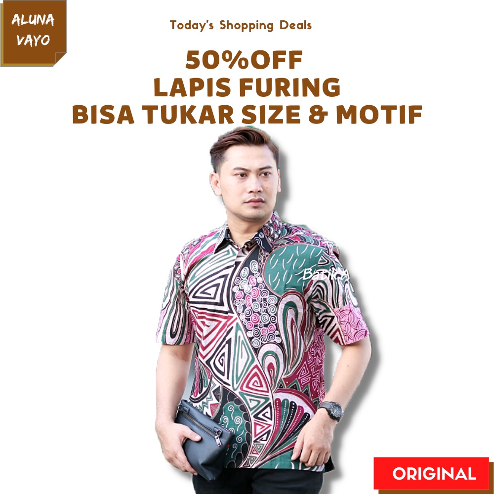 Baju Kemeja Kameja Atasan Hem Pakaian Batik Pria Lengan Pendek Kekinian Set Abu Aluna Ungu Original 