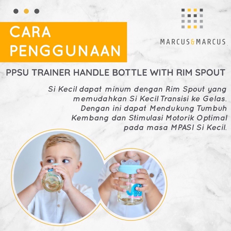 Marcus&amp;m and Marcus PPSU Transition Trainer Bottle with Soft Silicone Handle + Straw + Rim Spout Set