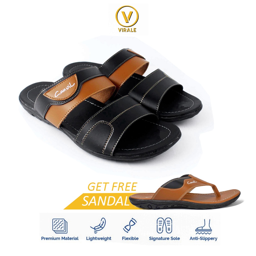 Sandal Selop Pria Distro Casual Murah Original GRATIS Sendal Jepit Pria Keren CVL 11 - CVL 01 TAN