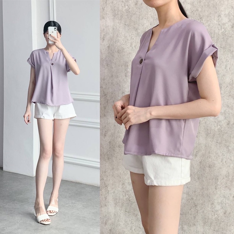 EVODEA TOP BAJU ATASAN BLOUSE WANITA LENGAN PENDEK BAHAN KATUN COTTON POLOS DARK BLUE BUTTER PASTEL YELLOW LIGHT BLUE WHITE GREYISH BLUE BLACK MOSSCREPE LILAC ARMY BRICK ROSE TAUPE BROWN WHITE NAVY MAUVE MAROON CREME CREAM GREEN BLUE FUCHSIA-2