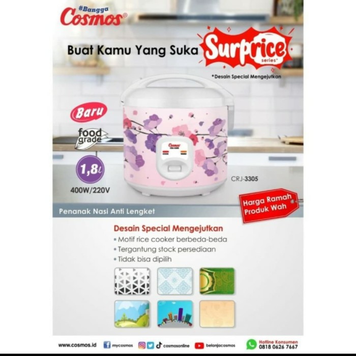 COSMOS CRJ 3305 Magic Com 1,8 Liter / Rice Cooker Non Stick 3in1- Garansi Resmi 1 Tahun - Random