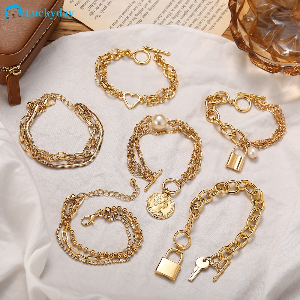 YEEZII 4Pcs/Set Korean Pearl Multilayer Pendant Bracelet Set Retro Butterfly Snake Lock Gold Choker Chain Bracelet for Women Accessories Jewelry Gift