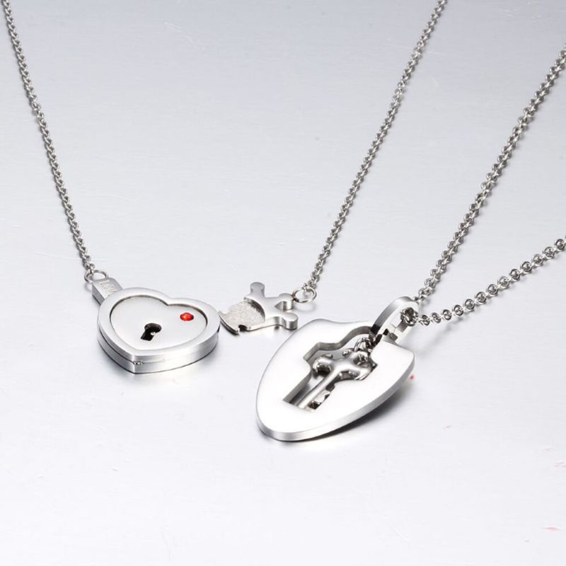 SIY  2Pcs Valentine's Day Lovers Stainless Steel Lock Key Heart Puzzle Pendant Necklace Kit  Love Matching Sets Jewelry Gift